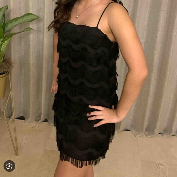 Zara Fringe Tie Strap Mini Dress Black Size Small - Picture 2 of 6